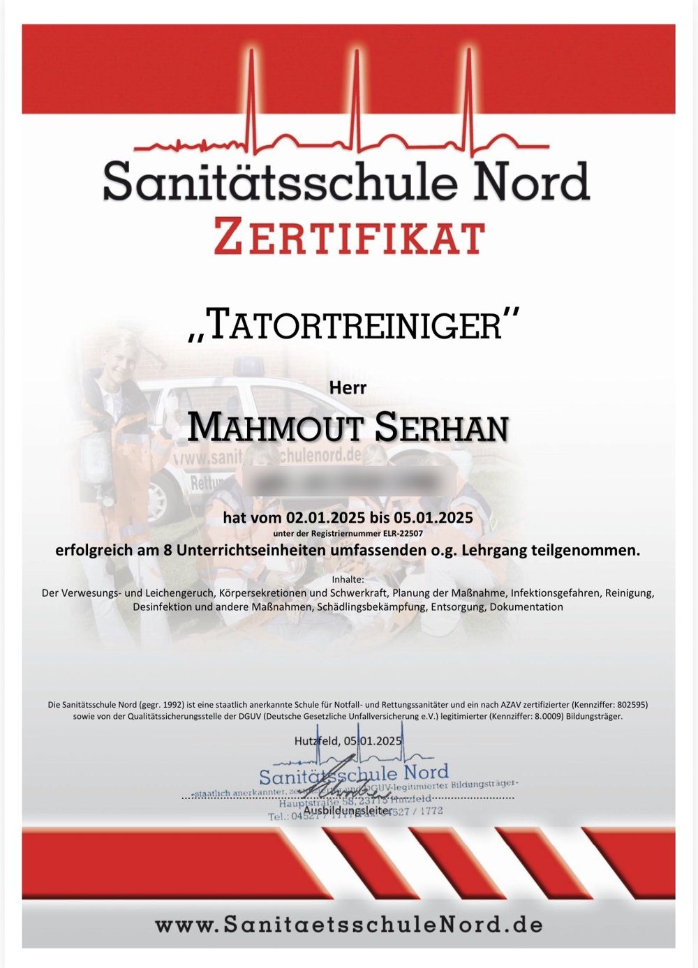 Zertifikat Tatortreiniger der Sanitätsschule Nord für Mahmout Serhan, M&M Serviceleistungen Schortens